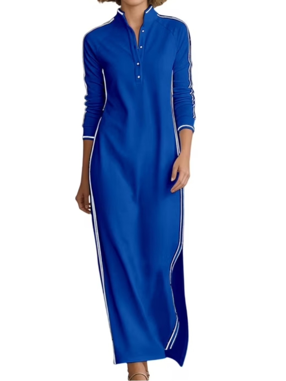 BLUE LONG SLEEVE MAXI DRESS W/ STRIPED TRIM
